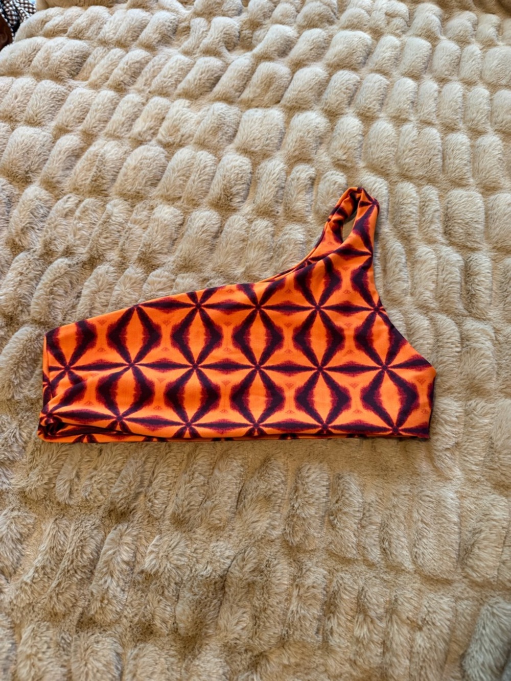 Skatie One-Shoulder Bikini Top in Orange and Black Geometric Print